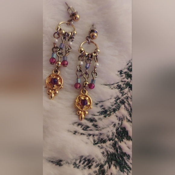 Chic Gold and Pink Dangle Earrings - Picture 3 of 5